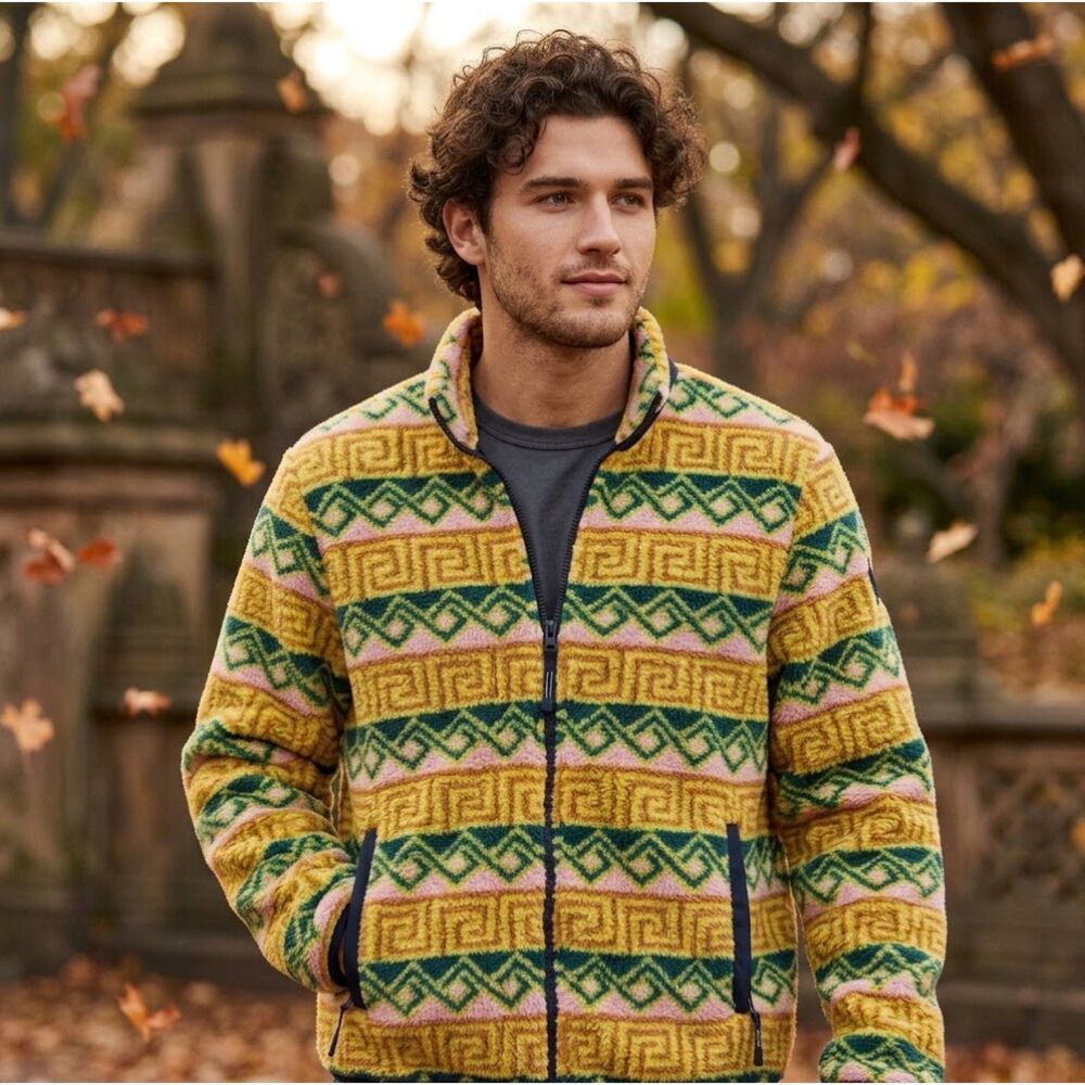 American Eagle Aztec Sherpa Jacket Mens Sz M Fleece Pile Lined Dopamine Dressing